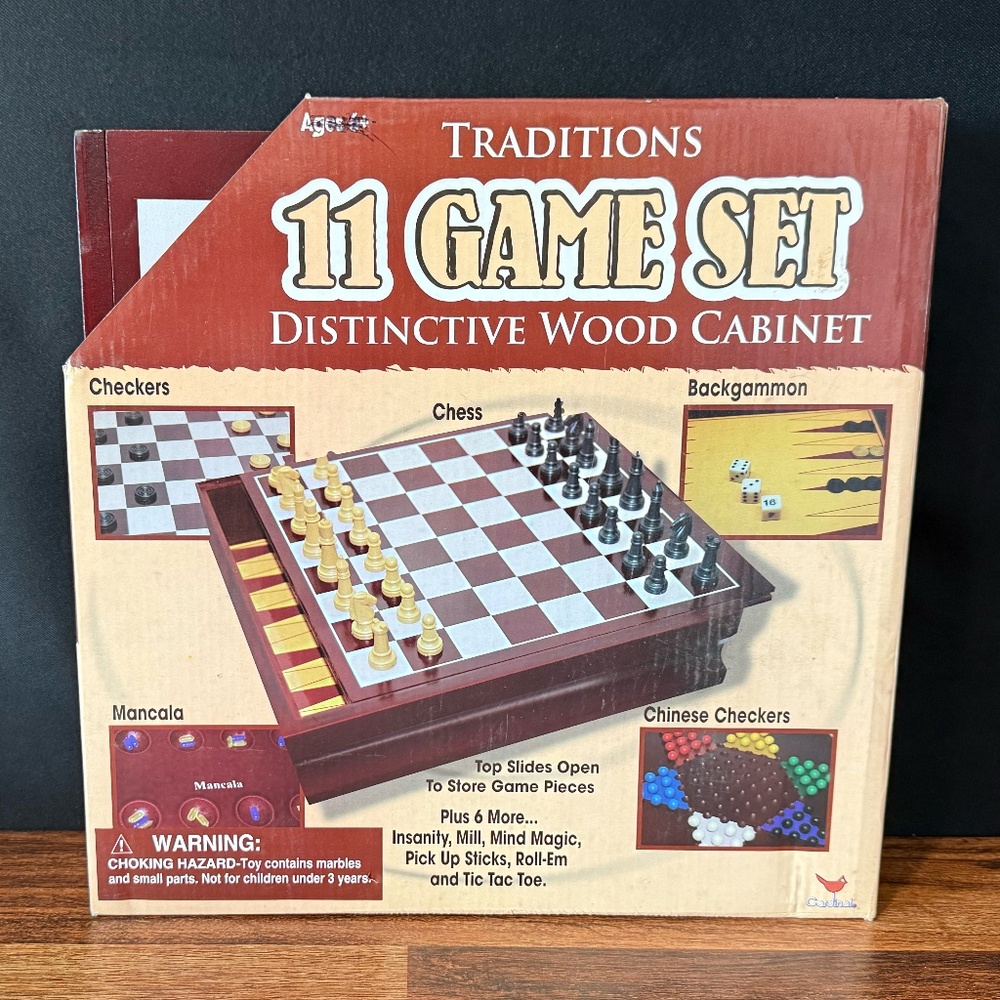 TRADITIONS 11 Game Set Distinctive Wood Cabinet